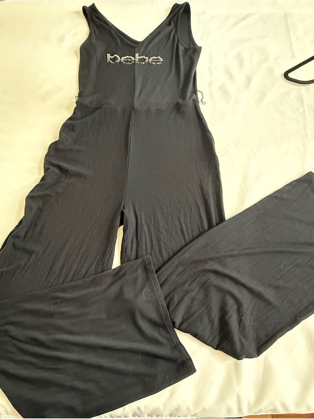bebe Black Sleeveless Wide-Leg Jumpsuit with Rhinestone Logo
